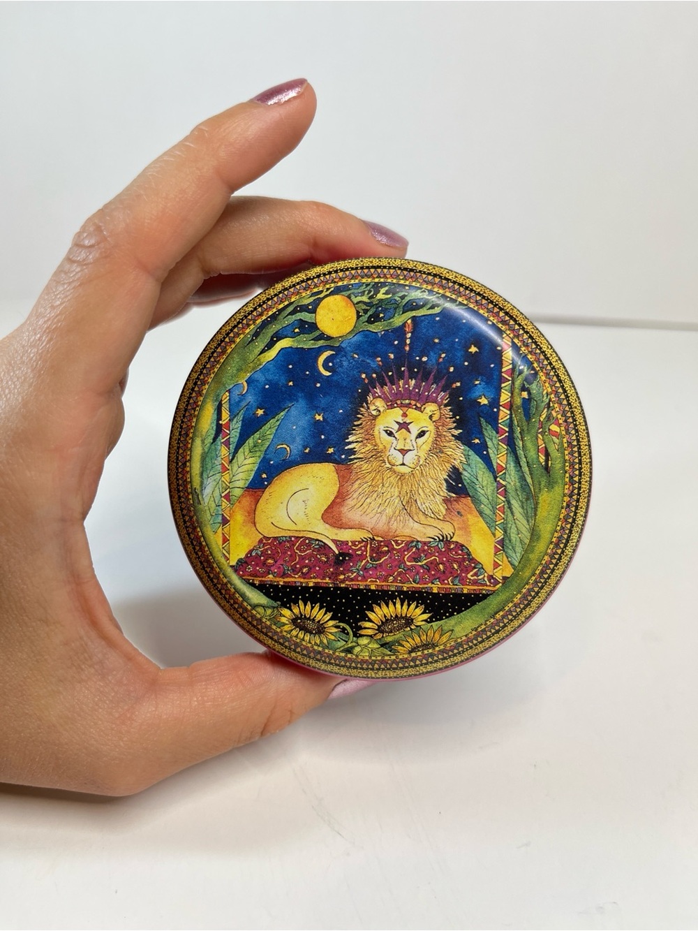 Vintage 90s Circus Of The Moon Celestial Lion Tin Gift Box Stars Whimsical 1994